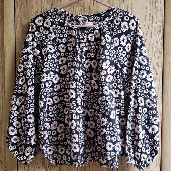 OUTERKNOWN The Folk Top Blouse Medium Organic Cotton Black Wild Daisy Button-up - Picture 3 of 13
